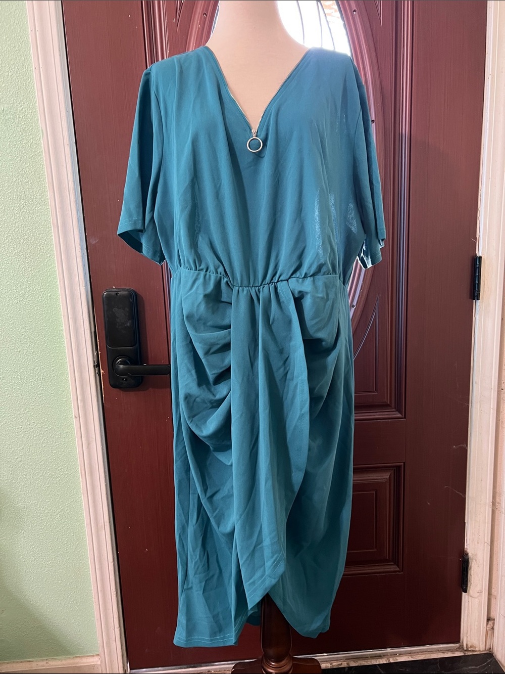 BloomChic Teal Midi Dress with Ring Zipper Detail